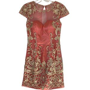 Rachel Allan Dress Embroidered Overlay Mini Sz 0 Coral Champagne Party Prom HOCO